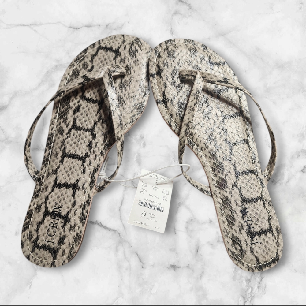 NWT J. Crew Embossed Faux Snake Skin Summer Flip Flops Sandals Light Grey/Black